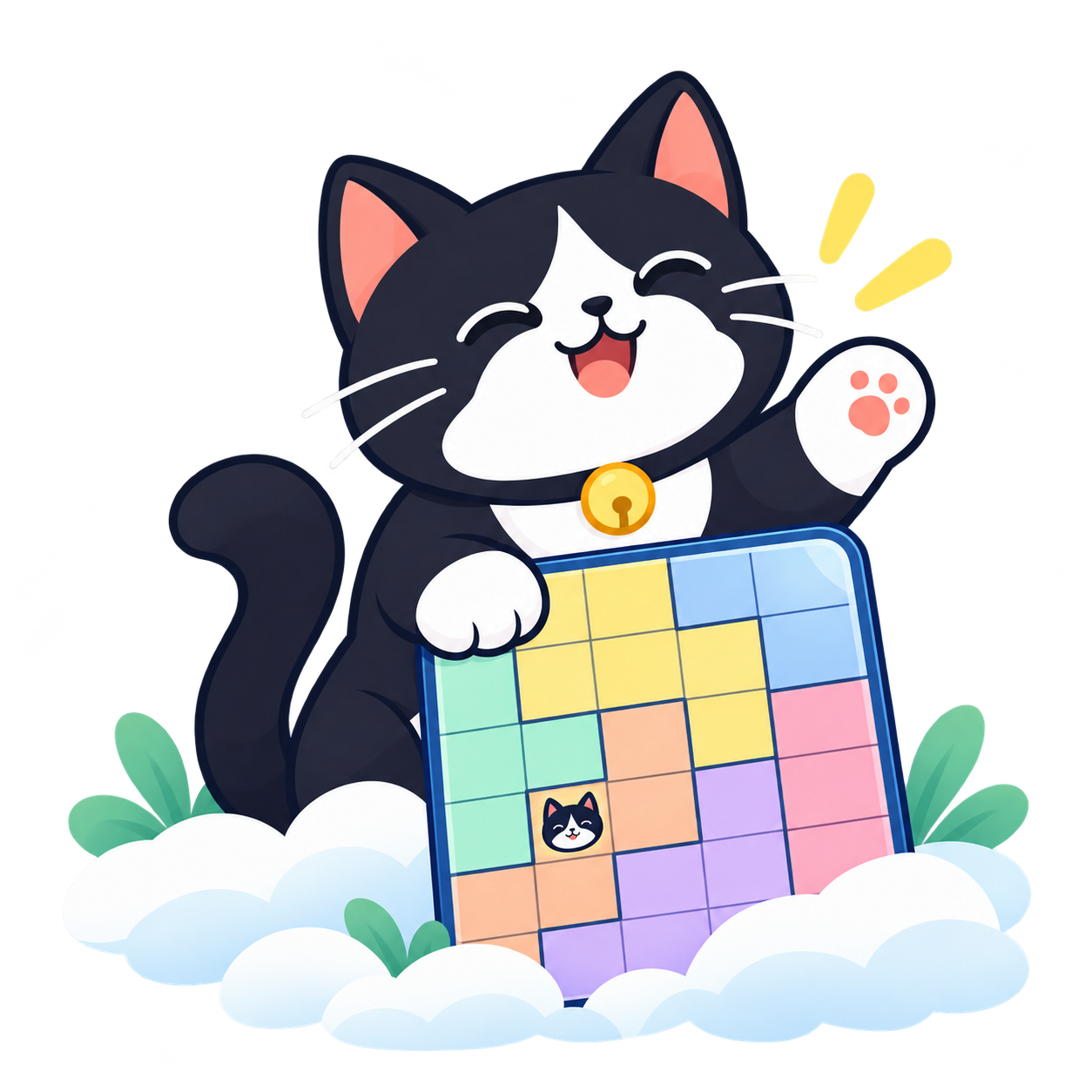 The Cats Apart kitten waving from a colorful puzzle board and fluffy clouds