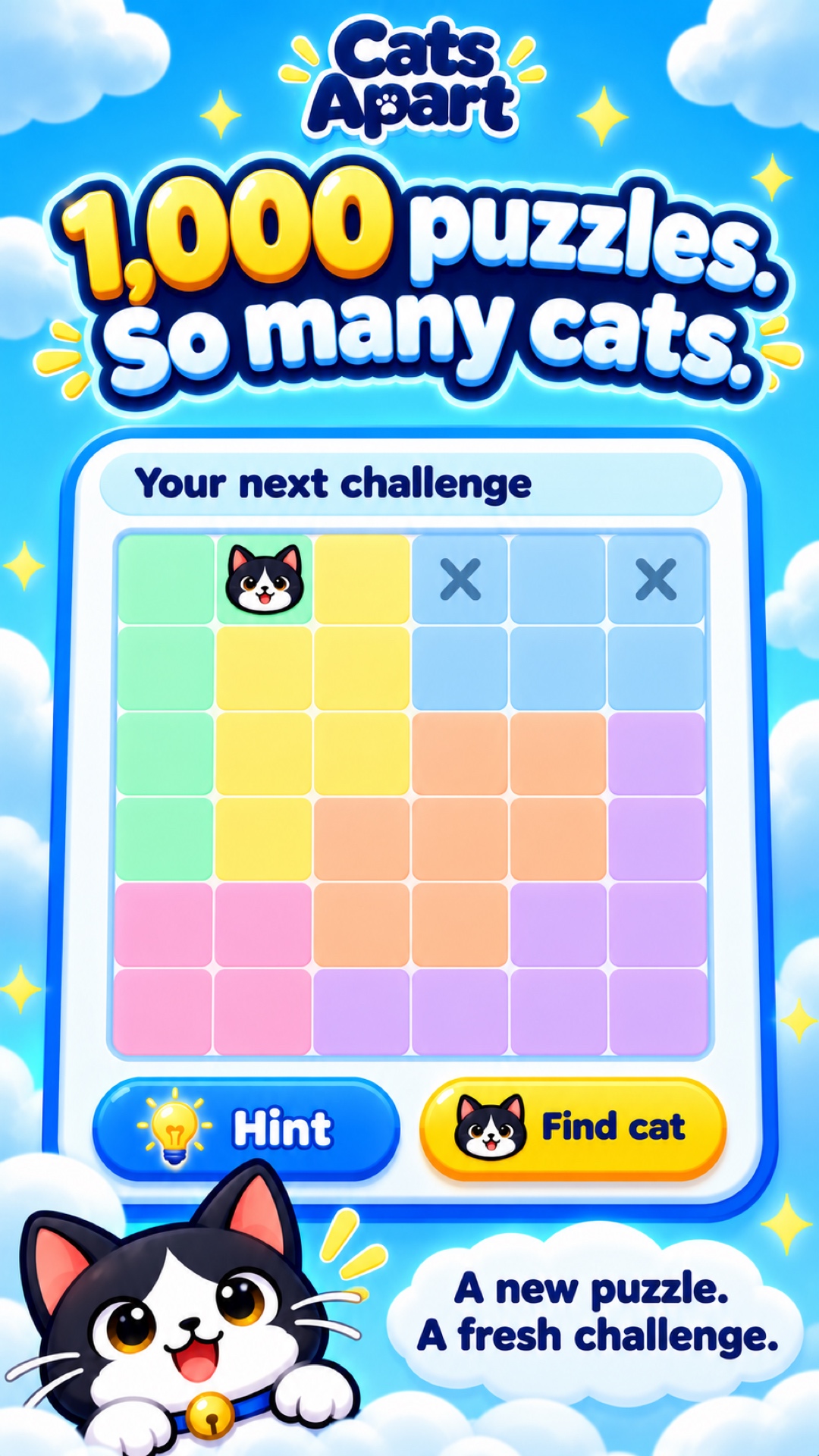 Cats Apart promotional artwork featuring a larger six by six puzzle and 1,000 puzzles headline